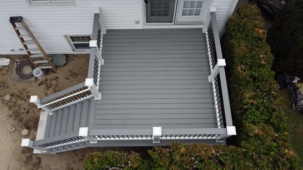 12x12 Deck Space, Trex Select Pebble Grey with Trex Select Railings and Cocktail Rails, in Stoneham, MA