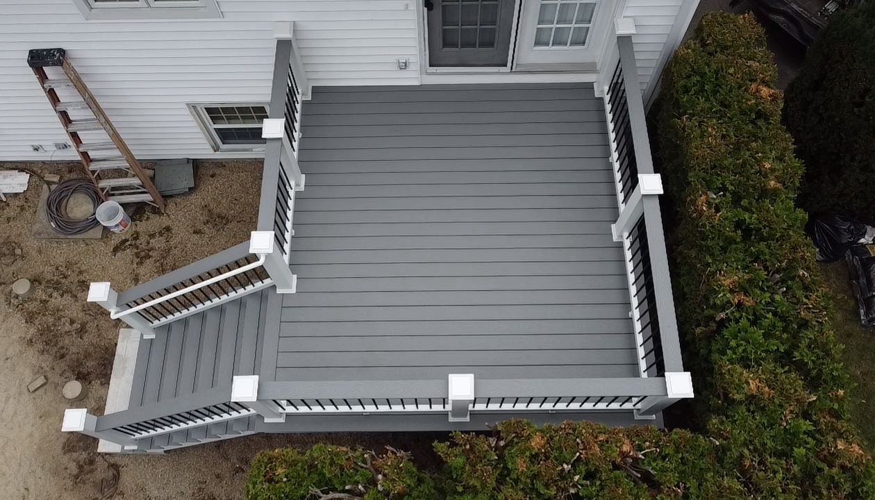 12x12 Deck Space, Trex Select Pebble Grey with Trex Select Railings and Cocktail Rails, in Stoneham, MA
