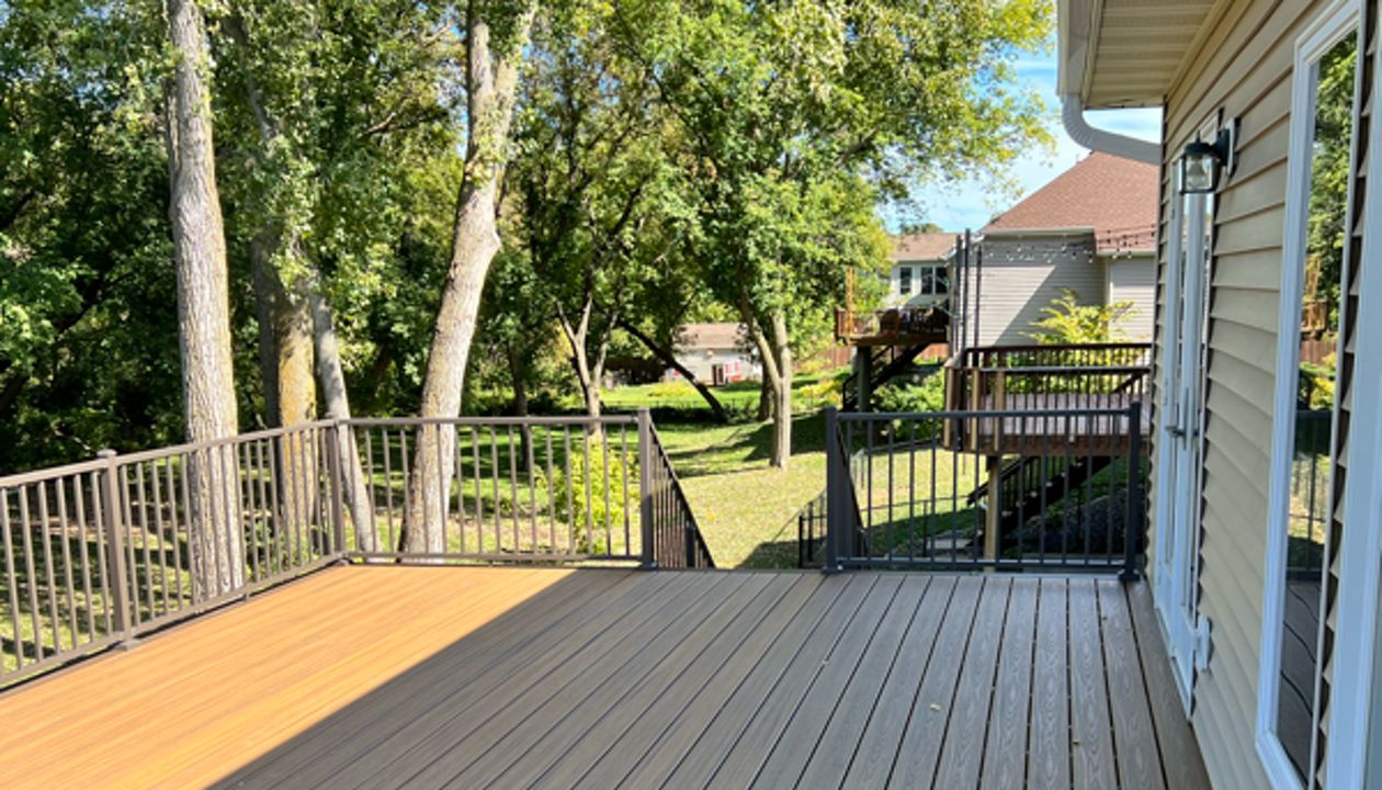 Two-Tone, picture framed, Low maintenance, Trex composite decking, aluminum railing, Rochester, MN area, built by Schmidt Carpentry LLC