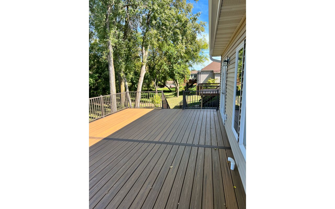 Two-Tone, picture framed, Low maintenance, Trex composite decking, aluminum railing, Rochester, MN area, built by Schmidt Carpentry LLC