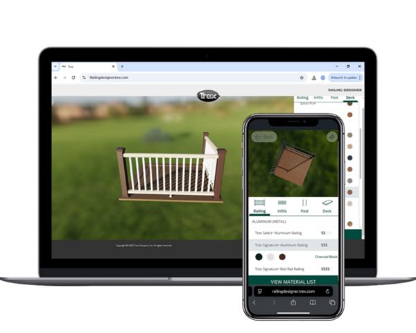 Screens showing the Railing Designer tool for both a desktop and a mobile device.