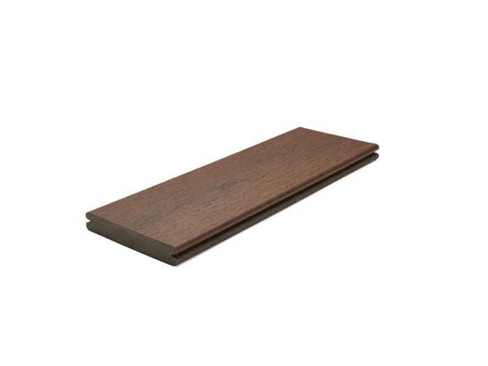 A single brown composite decking board is displayed against a plain white background. The board features a wood grain texture and tongue-and-groove edges, suggesting it is designed for easy installation. The image highlights the board's rectangular shape and smooth finish, making it suitable for outdoor flooring or decking projects. No visible text, numbers, or logos are present.