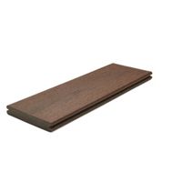 A single brown composite decking board is displayed against a plain white background. The board features a wood grain texture and tongue-and-groove edges, suggesting it is designed for easy installation. The image highlights the board's rectangular shape and smooth finish, making it suitable for outdoor flooring or decking projects. No visible text, numbers, or logos are present.