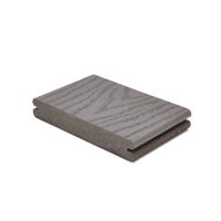 A single gray composite decking board is displayed against a plain white background. The board features a wood grain texture on its surface, highlighting its realistic appearance. The sample is shown at an angle, emphasizing its thickness and edge profile. No visible text, numbers, or logos are present in the image.