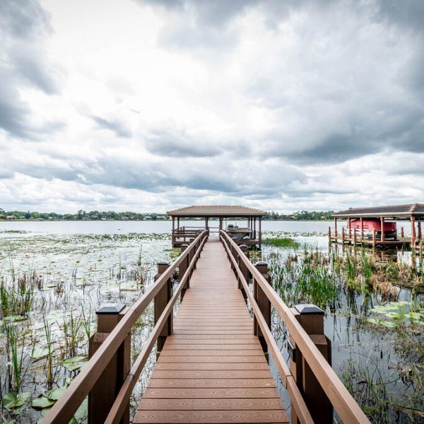 A long wooden dock stretches out over a calm lake, surrounded by aquatic plants and lily pads. Several covered boat slips are visible on either side, with overcast clouds dominating the sky. The scene conveys a tranquil, natural setting with a moody atmosphere. No people or visible text are present in the image.