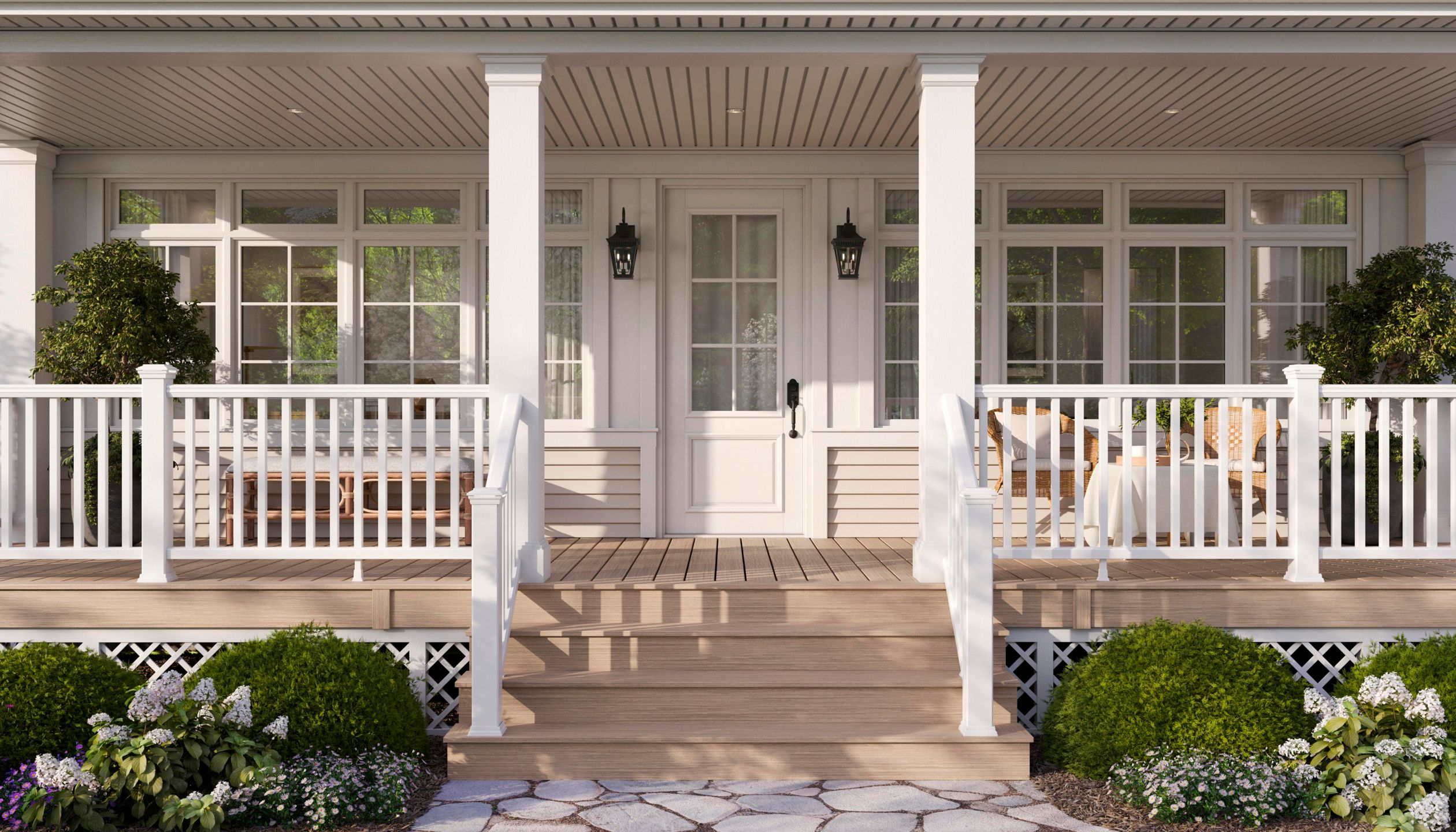 railed in malted barley front porch of a cottage