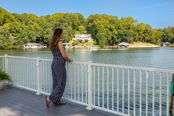 Boat docked at a dock made of Trex decking