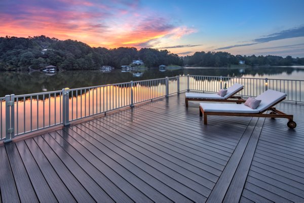 Boat docked at a dock made of Trex decking