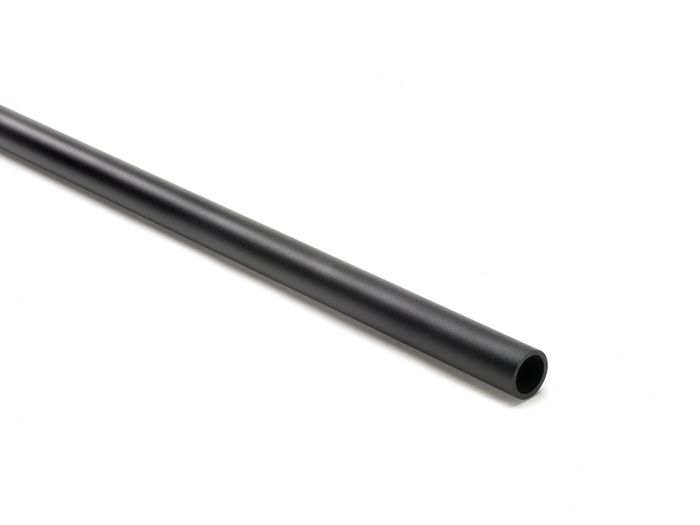 A single black cylindrical metal tube is displayed against a clean white background. The tube is shown at an angle, highlighting its smooth matte finish and hollow interior. There are no visible markings, text, or numbers on the surface. The minimalist composition emphasizes the industrial and utilitarian design of the object.