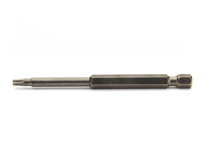 A single long screwdriver bit with a hexagonal shank and a torx tip is displayed against a plain white background. The metallic tool is designed for use with power drills or screwdrivers, suitable for precision fastening tasks. The bit's extended length allows access to recessed screws, and its robust construction is clearly visible. No visible text, numbers, or branding appear on the tool.