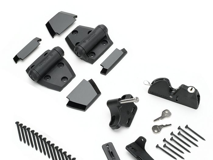 A complete black metal gate hardware kit is arranged on a white background. The set includes heavy-duty hinges, latch components, and a keyed lock mechanism with two keys. Multiple screws are laid out in rows alongside mounting plates and brackets. The clean product layout highlights each individual piece for clear identification.