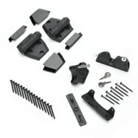 A complete black metal gate hardware kit is arranged on a white background. The set includes heavy-duty hinges, latch components, and a keyed lock mechanism with two keys. Multiple screws are laid out in rows alongside mounting plates and brackets. The clean product layout highlights each individual piece for clear identification.