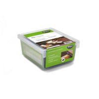 A Trex Universal Fastener kit is displayed in a clear plastic storage box with a green and white label. The label shows images of decking installation and lists kit contents, including 90 square feet, 90 universal fasteners, 1 drive bit, and installation instructions. The setting is a product studio shot on a white background, emphasizing the product details and packaging.