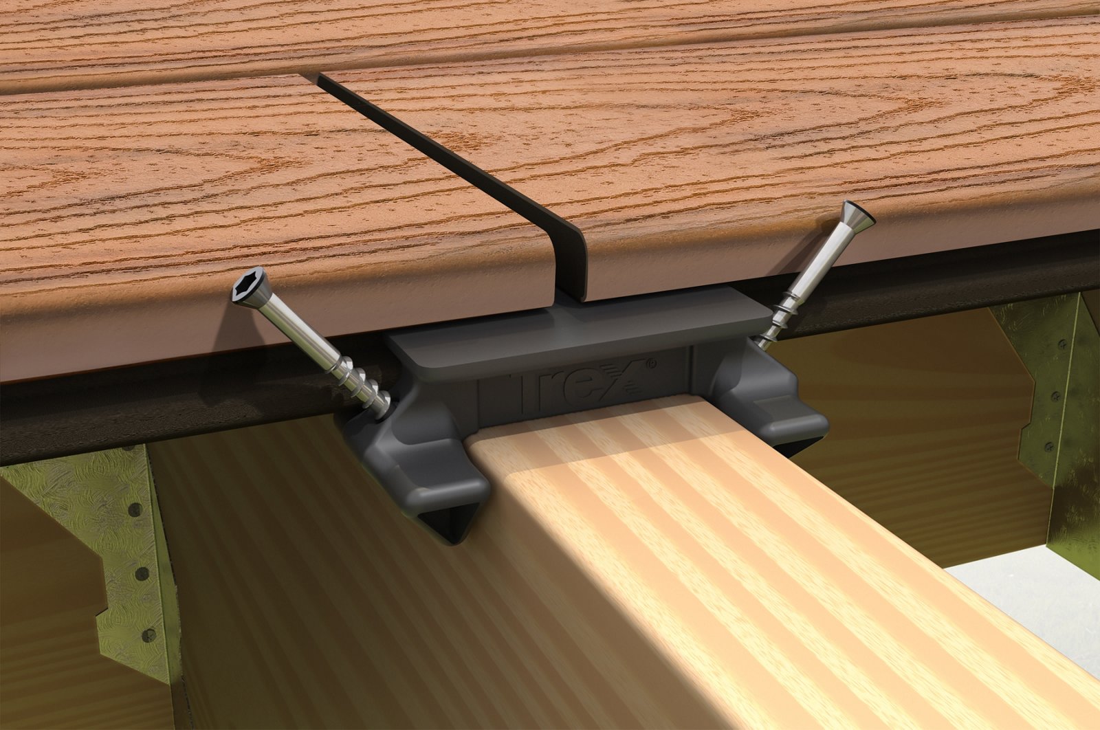 A Trex Hideaway Butt Joint Clip resting on a joist beam during an install.