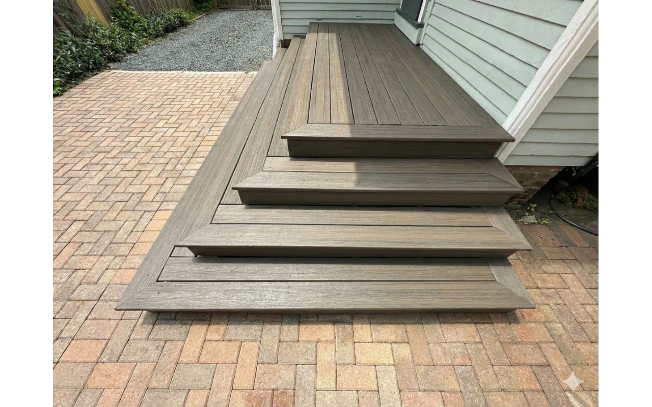 Custom composite deck steps with clean framing and modern finish. Designed for safety, durability, and visual impact in Houston outdoor spaces.