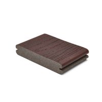 A single piece of brown composite decking board is displayed against a plain white background. The board features a wood grain texture on the top surface and a grooved edge, suggesting it is designed for easy installation. The sample highlights the material's layered construction and rich, dark brown color. No visible text, numbers, or logos are present in the image.