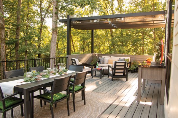 Modern-day tree house deck with sleek aluminum railing