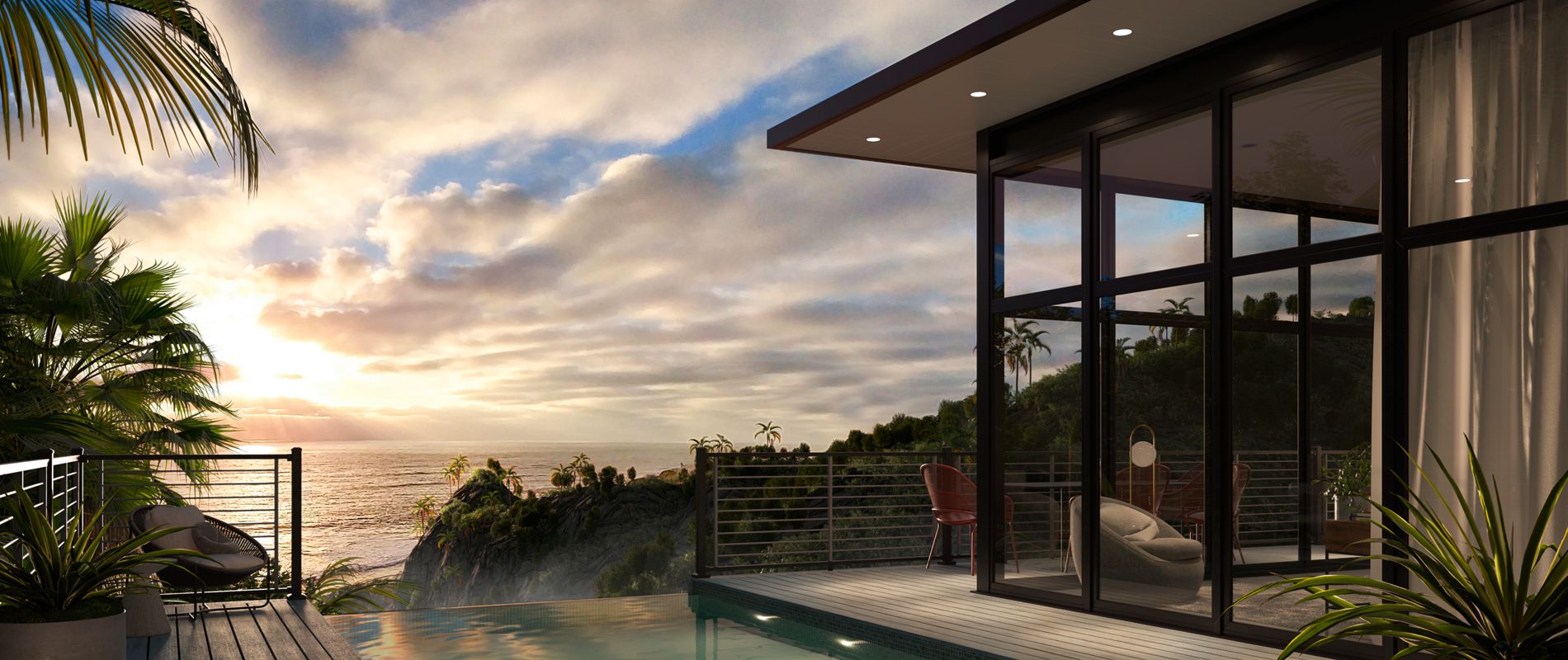 A contemporary villa features a sleek outdoor pool on a wooden deck, set against a dramatic ocean view at sunset. Large glass windows reveal a stylish interior, while lush greenery frames the tranquil scene. The sky is filled with soft, colorful clouds, creating a serene and luxurious atmosphere. No visible people or text are present in the image.
