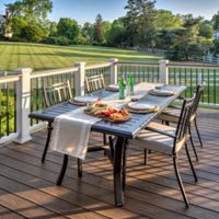 A modern outdoor dining table is arranged on a spacious wooden deck overlooking a large, manicured lawn. The table is set for six with plates, glasses, and a white runner, featuring a platter of fruit and bottled drinks. The setting is bright and inviting, with lush greenery and residential homes visible in the background.