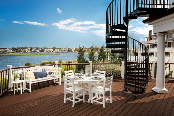  Deck with winding spiral staircase on the water