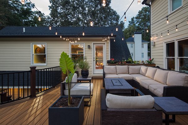 String lights over outdoor seating area