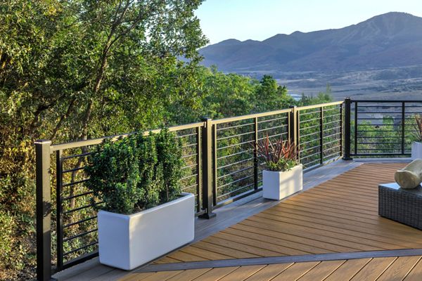 Trex Signature horizontal rod rail railing installed on a deck with a mountain view