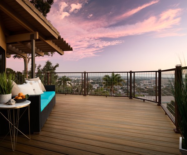  Mesh railing deck at sunrise overlooking city