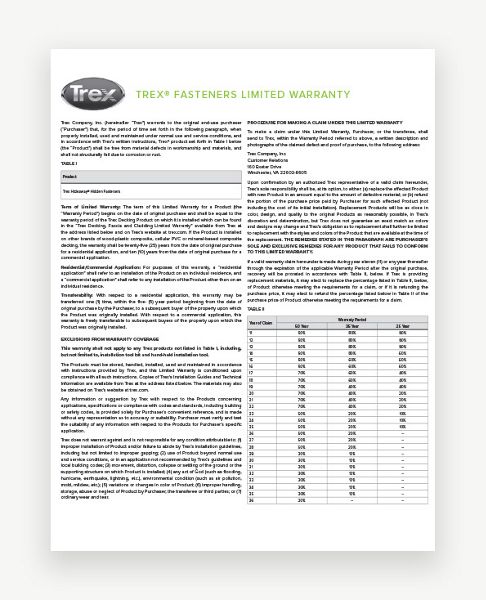 Trex® Fasteners Limited Warranty