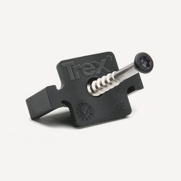 Close-up of a Trex deck fastener featuring a metal screw inserted into the black plastic component. The fastener is designed for securing decking boards and shows intricate details of its construction. The number '18' is visible on the surface, along with the Trex logo.